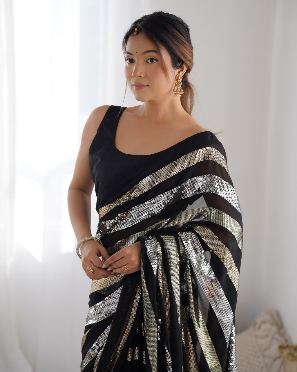 Black georgette sequin embroidered Kira designer saree