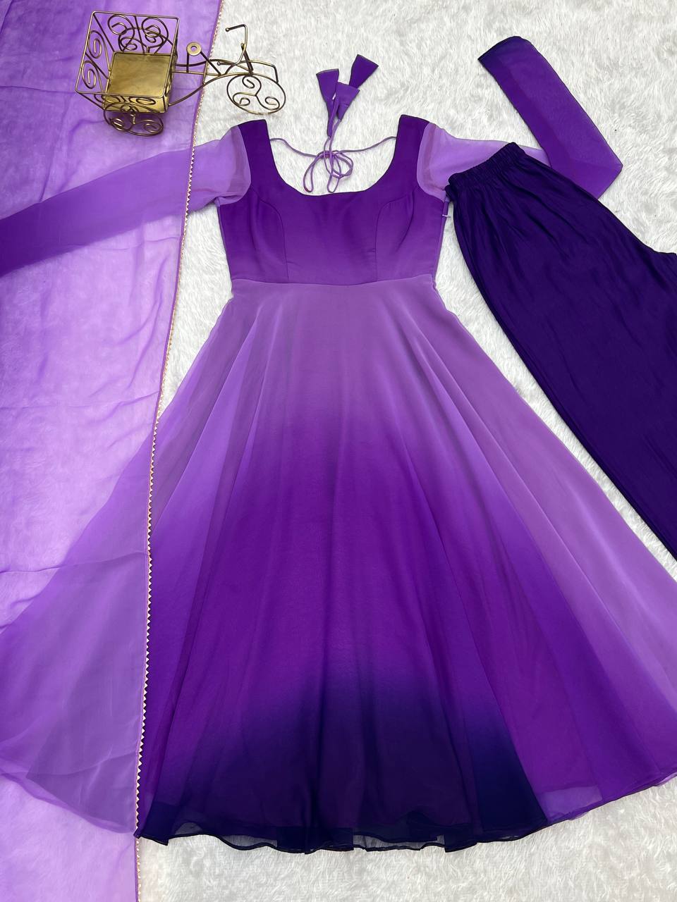 Purple georgette Anarkali gown with dupatta, printed flair gown set, party wear Anarkali set for women—fully stitched festive Trinaari outfit.