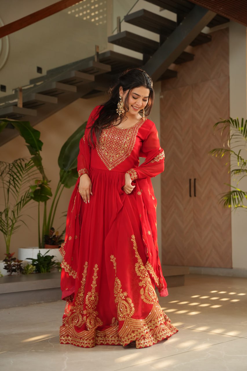 Red party wear gown with dupatta, Indian wedding dress, embroidered gown for women, full sleeve gown design—Trinaari stitched ethnic outfit.