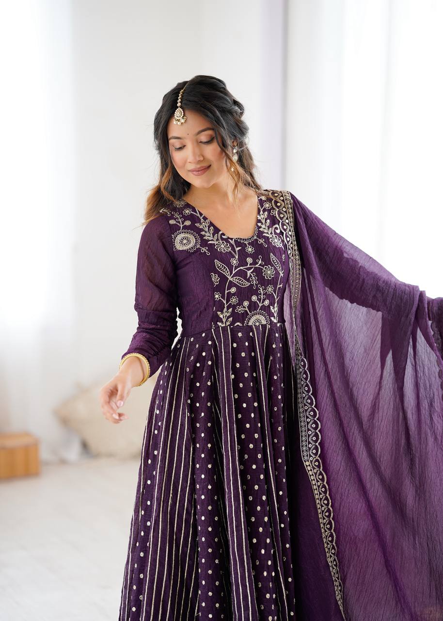 Purple traditional silk Anarkali suit set for women