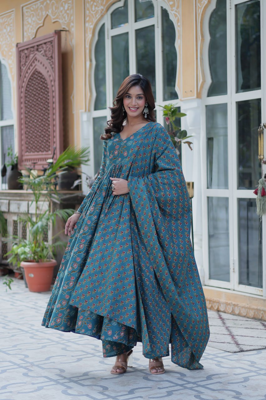 Himalini Blue Pure Cotton Anarkali Suit Set