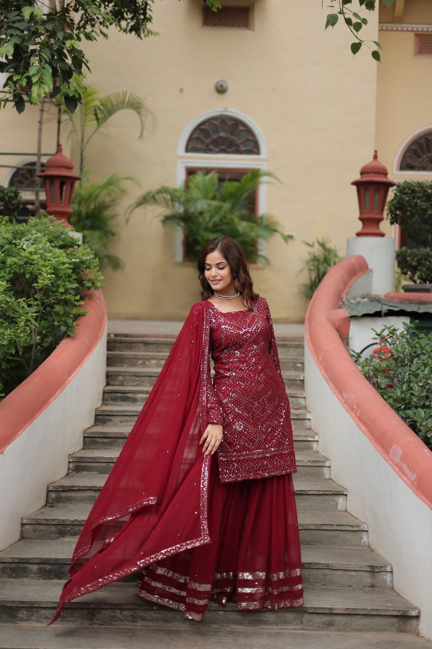 Maroon georgette embroidered Lavya designer sharara suit