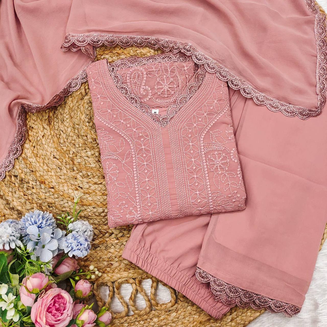 Ramani Peach Georgette Chikankari Embroidery Kurti Set
