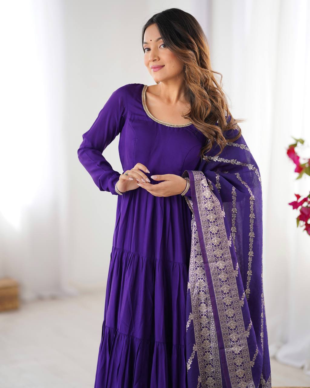 Purple Roman silk Ashika flared designer Anarkali suit