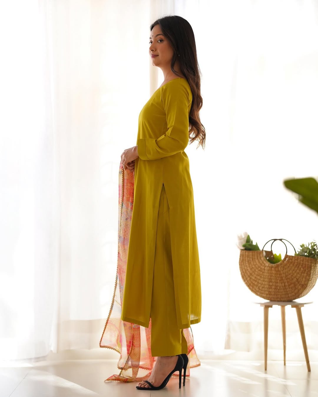 Vedanya yellow viscose straight kurti set