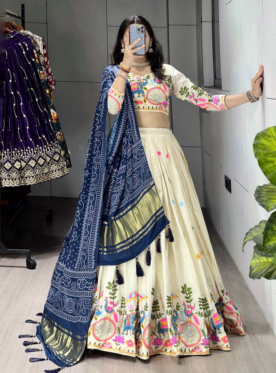 Off-white cotton embroidered lehenga with navy blue Gaji silk dupatta