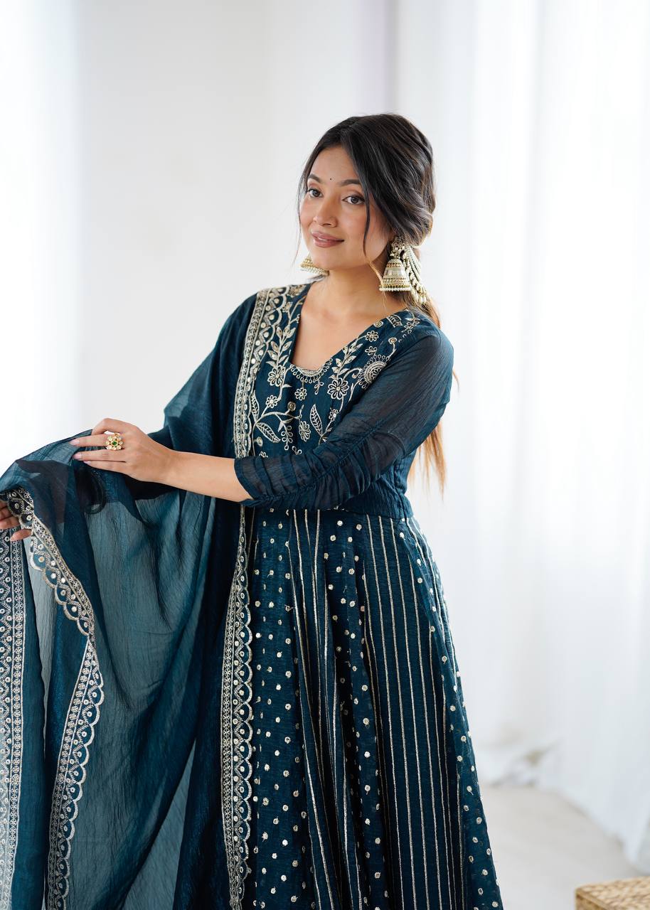 Teal green crunchy silk embroidered Anarkali suit set