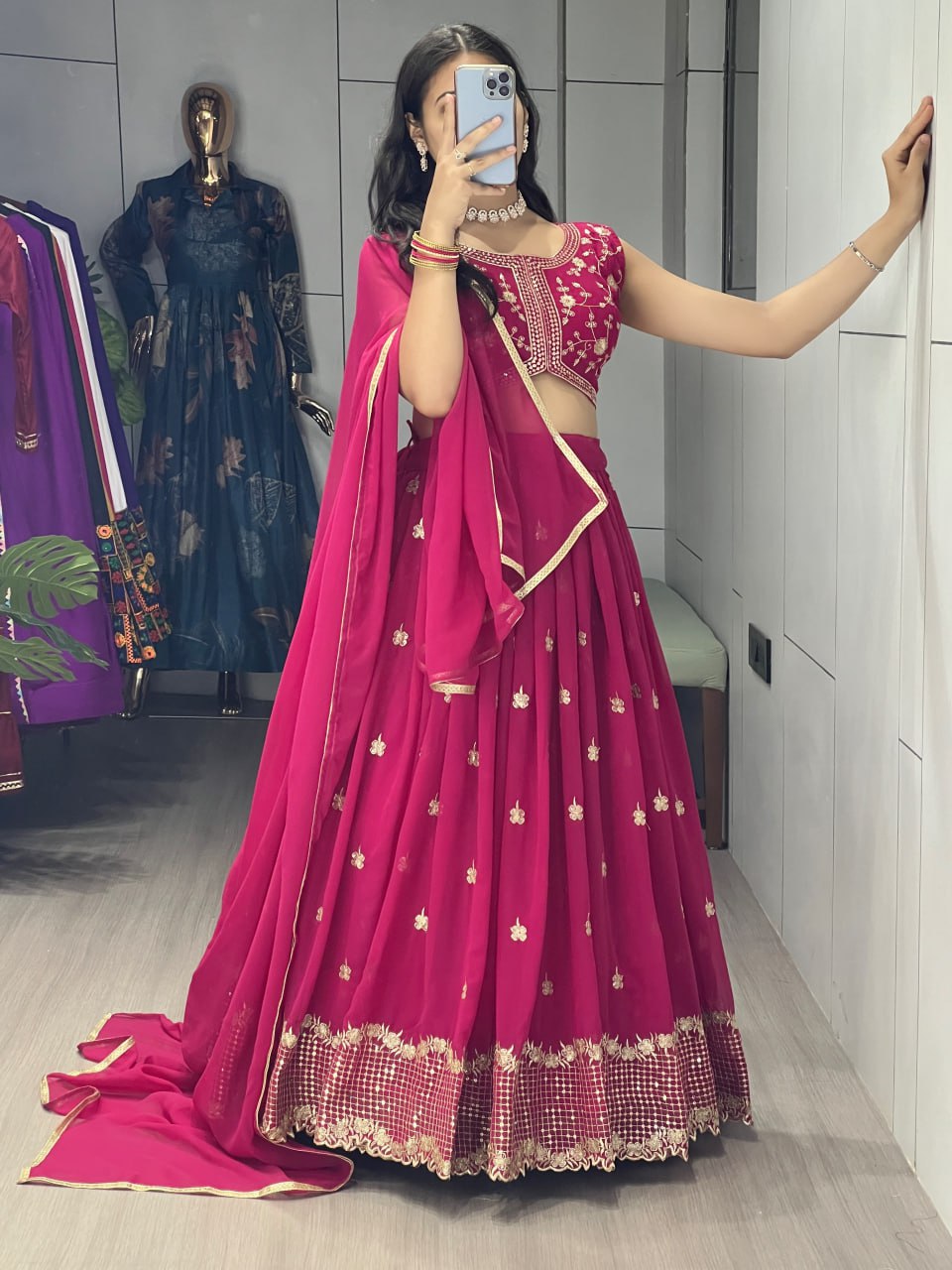 Yami pink georgette embroidered lehenga choli with dupatta