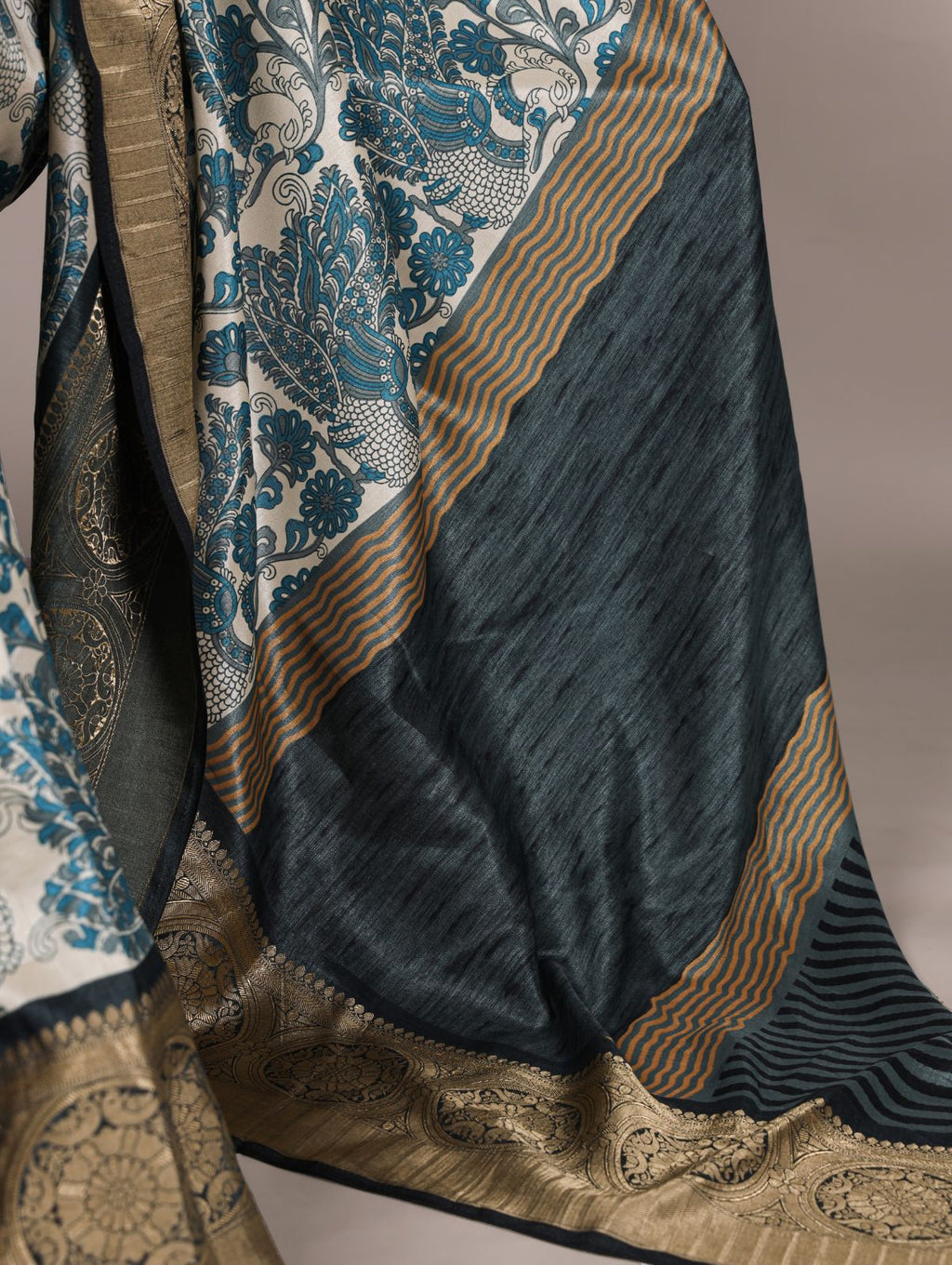 Teal blue tasar silk printed saree with viscose border and blouse