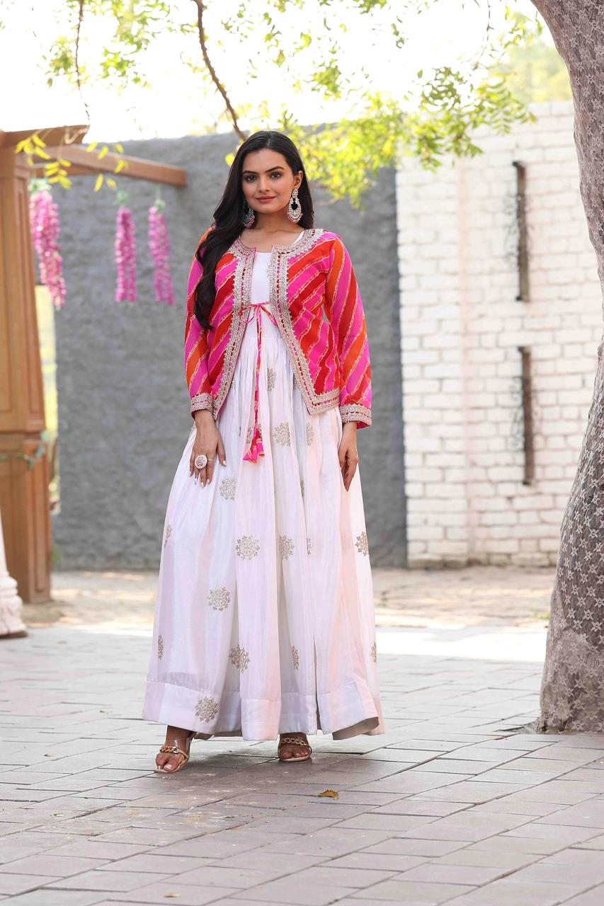 Eesha chinon sequence leheriya jacket and long gown set