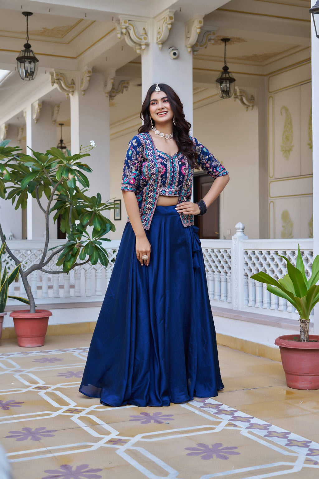 Devisha blue Vichitra silk lehenga choli with embroidered koti