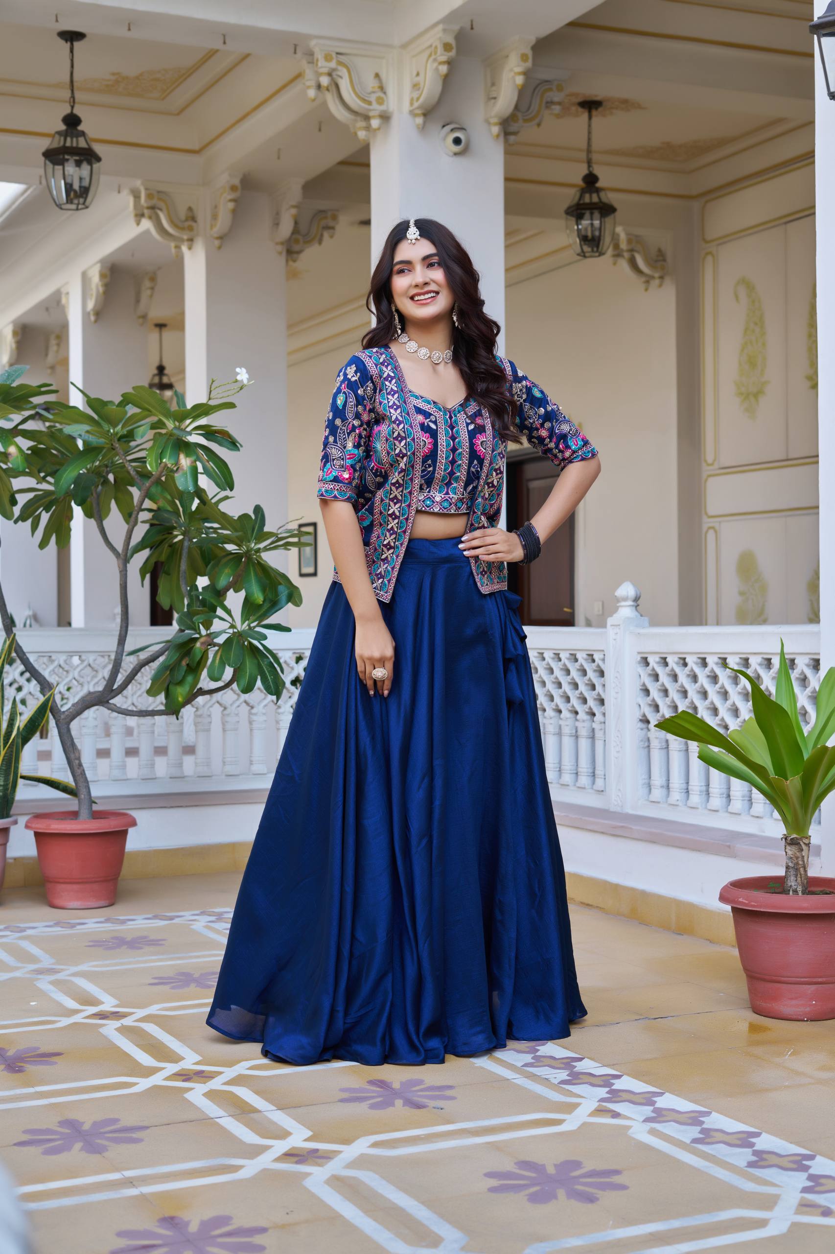 Devisha blue Vichitra silk lehenga choli with embroidered koti