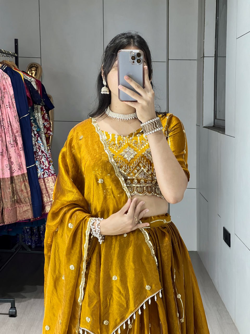 Mustard yellow Fendy satin beads embroidered lehenga choli with dupatta