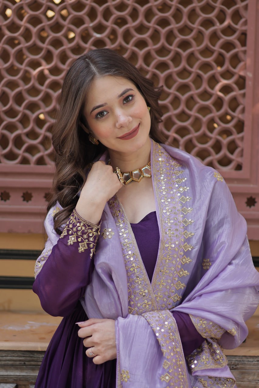 Purple star georgette embroidered zari sequins work gown with dupatta