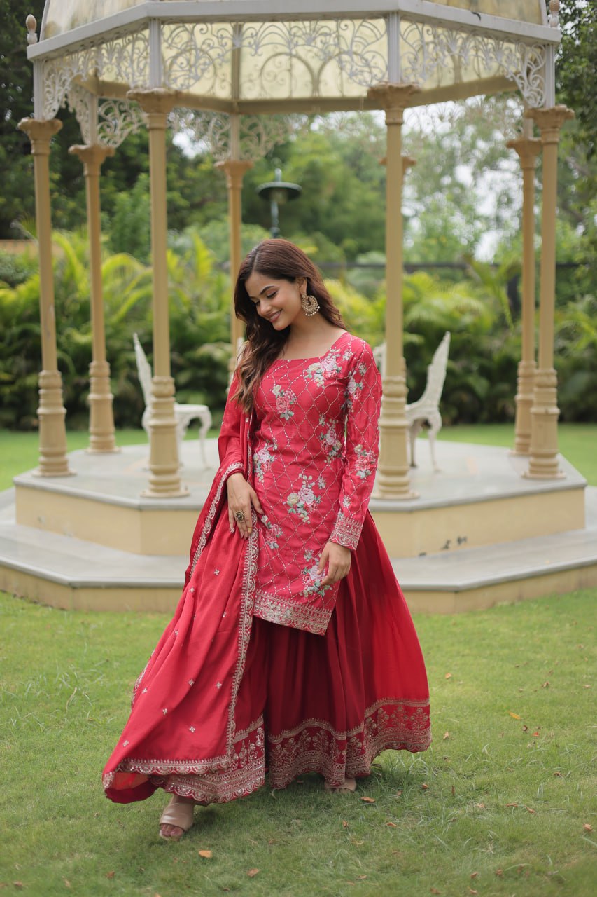 Medhasvi pink chinon embroidered kurti sharara set