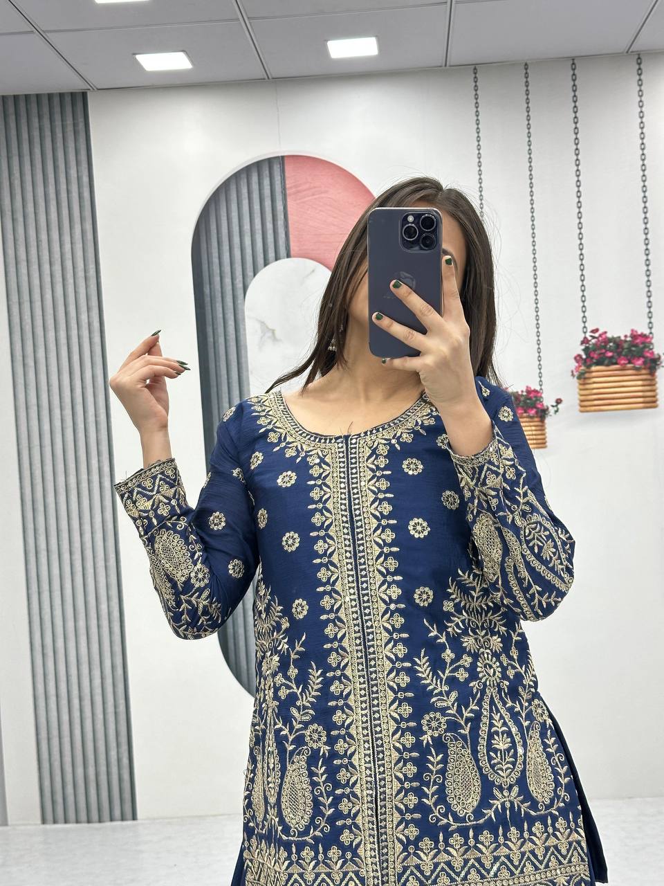 Enya blue Chinon kurti palazzo set with thread sequence embroidery work