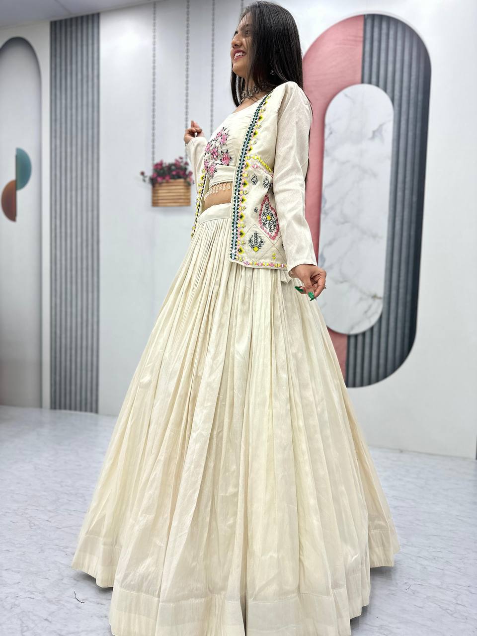 Off white tissue shimmer lehenga choli with handwork real diamond work and jacket