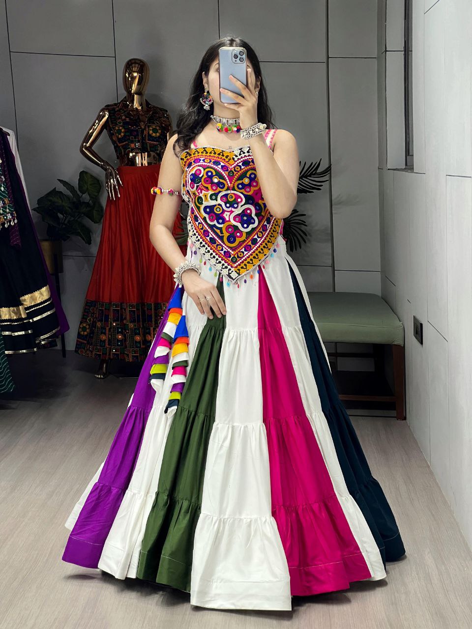 Multicolor rayon cotton frill Kutchi mirror work lehenga with blouse