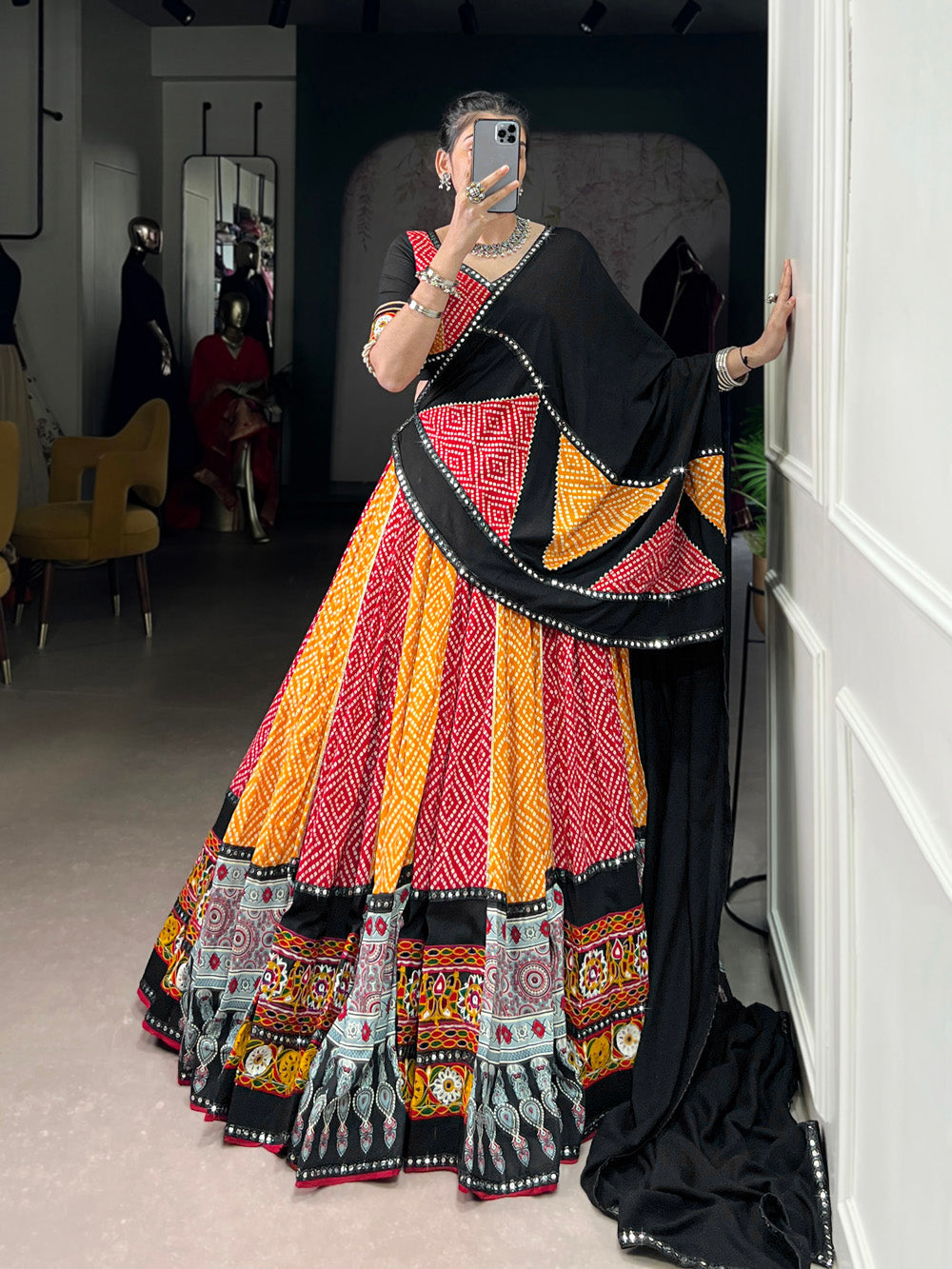 Black yellow pure rayon Bandhej Ajrakh Gamthi mirror work lehenga choli
