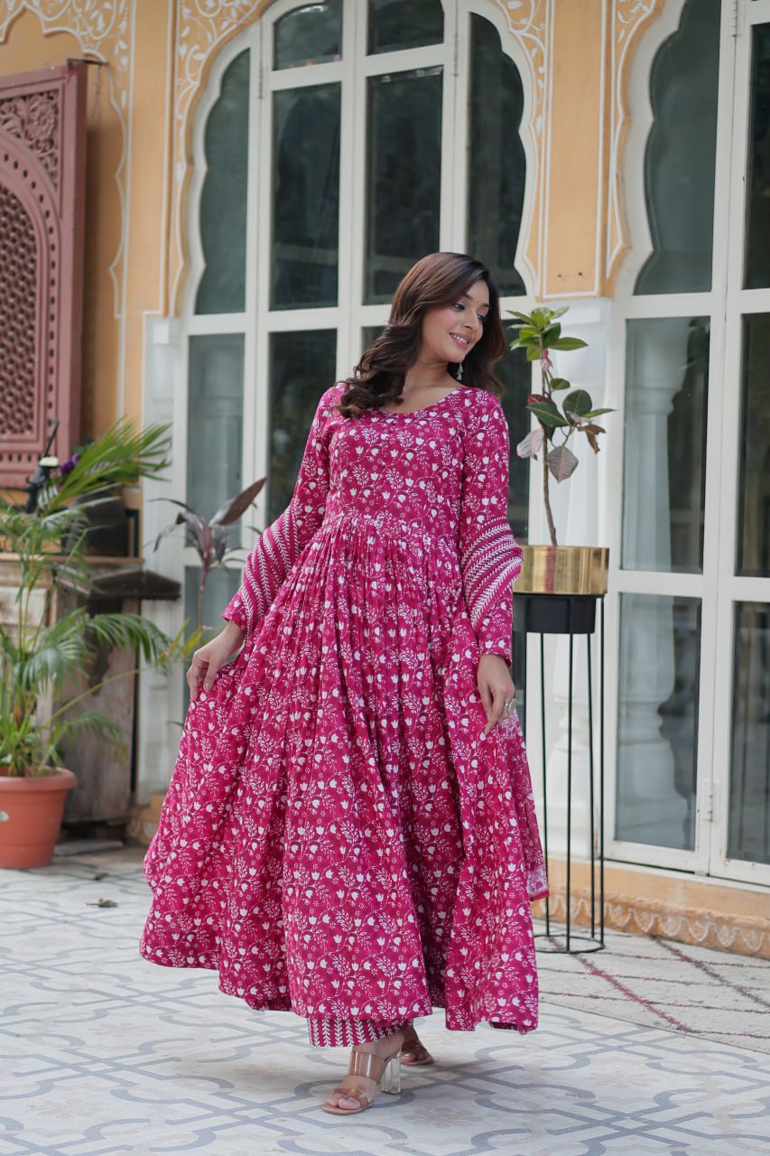 Pink cotton Mahi designer Anarkali suit with dupatta