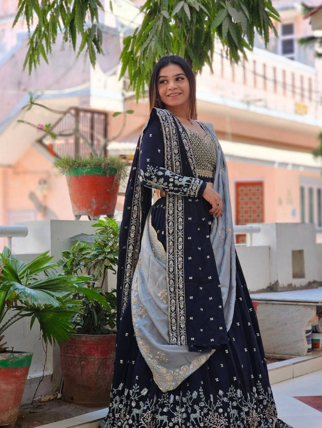 Navy Blue Fox Georgette Heavy Embroidered Designer Lehenga Choli with Dupatta