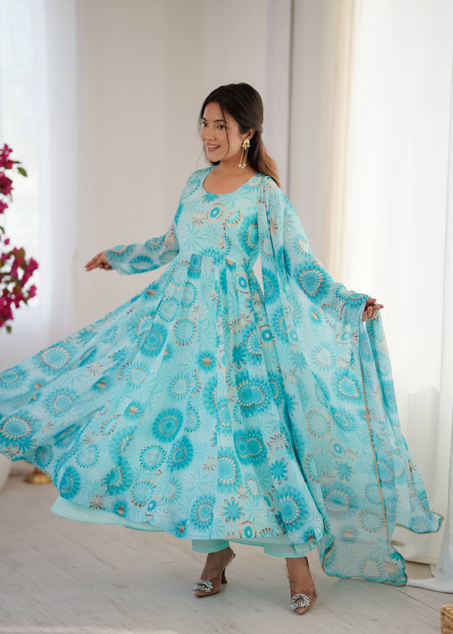 Sky blue georgette floral printed Anarkali suit for women