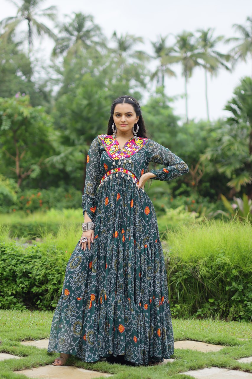 Dhruvi green georgette bandhani printed Navratri gown