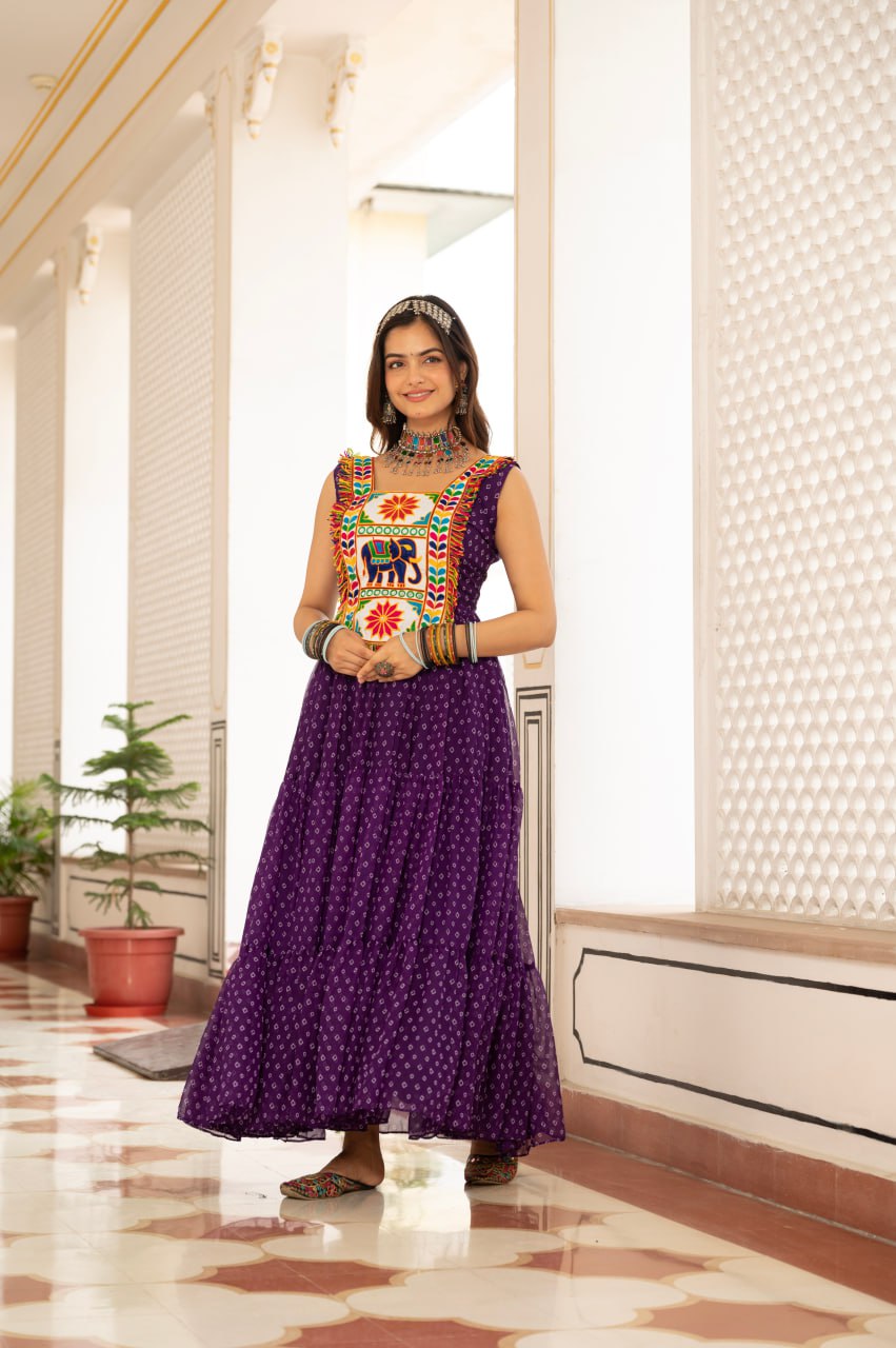 Purple faux georgette Bandhani print Kutchi patch mirror work gown