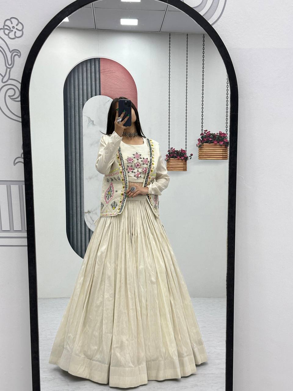 Off white tissue shimmer lehenga choli with handwork real diamond work and jacket