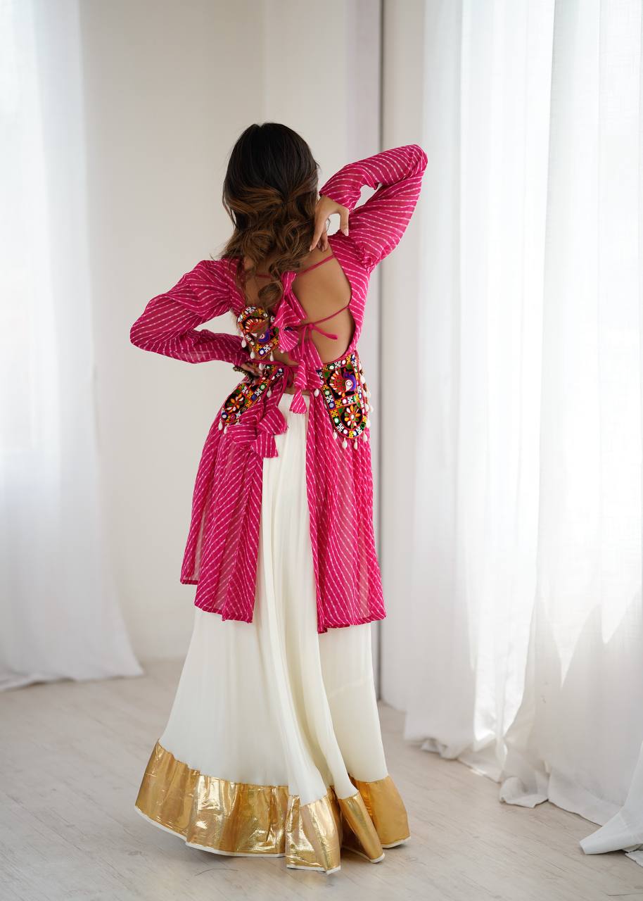 Pink georgette top with digital print and thread work butter silk Gota Patti lehenga