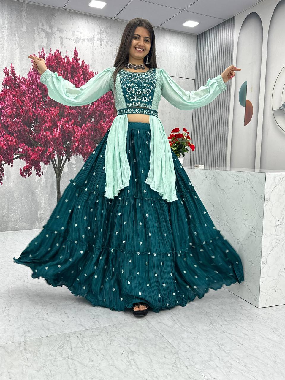 Malti teal green chinon embroidered crop top lehenga with nazmin dupatta and belt