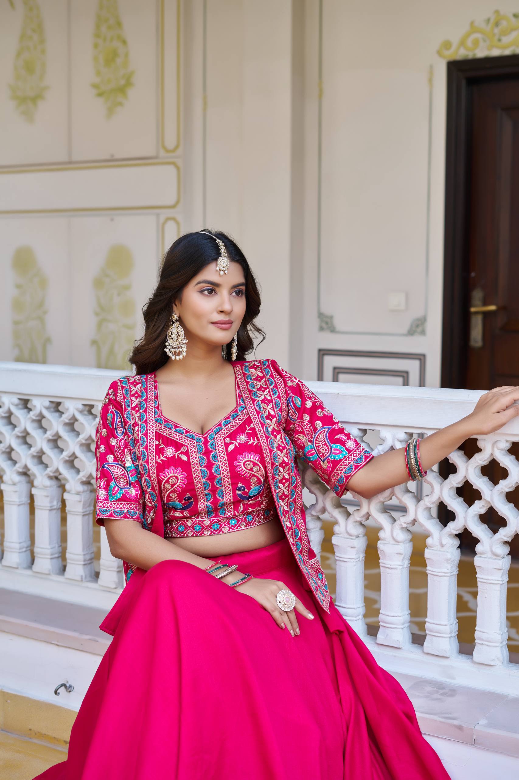 Devisha pink Vichitra silk lehenga choli with embroidered koti