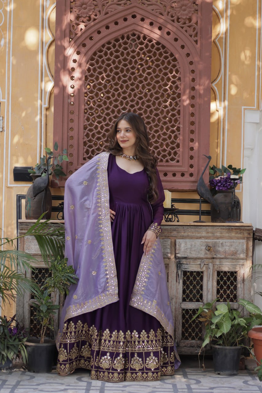 Purple star georgette embroidered zari sequins work gown with dupatta