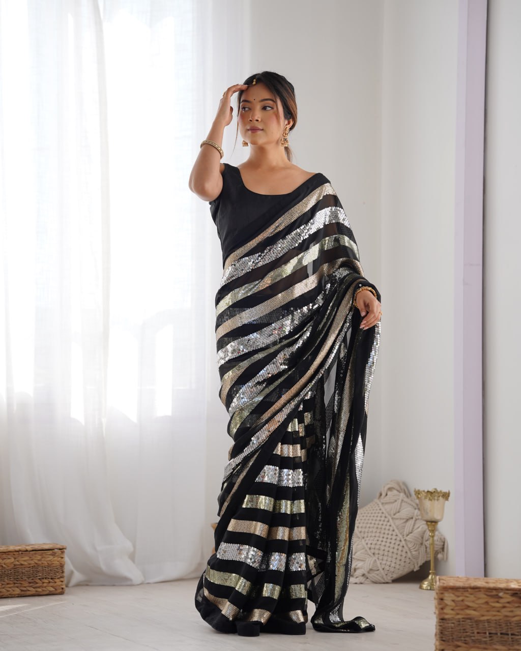 Black georgette sequin embroidered Kira designer saree