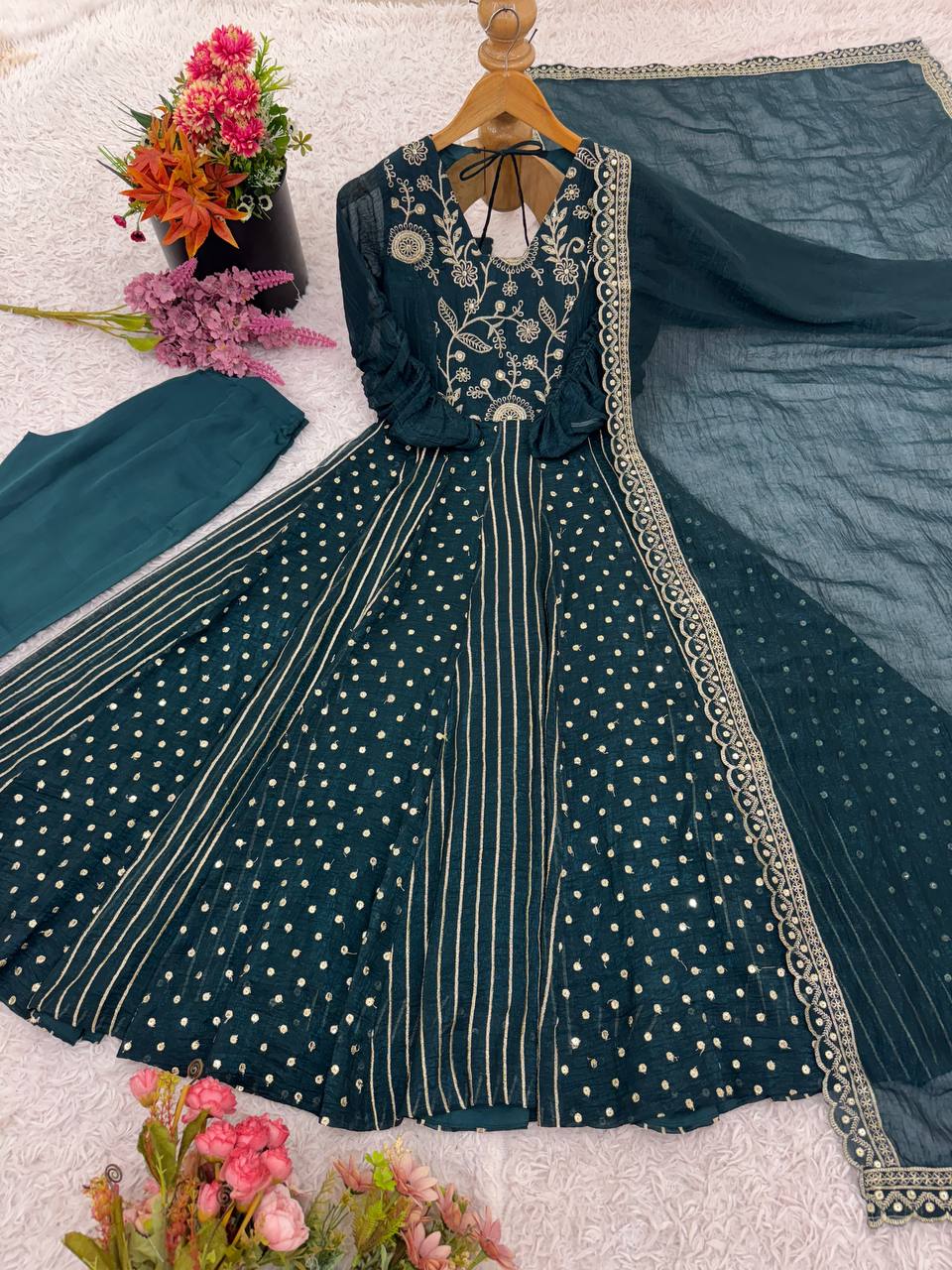 Teal green crunchy silk embroidered Anarkali suit set