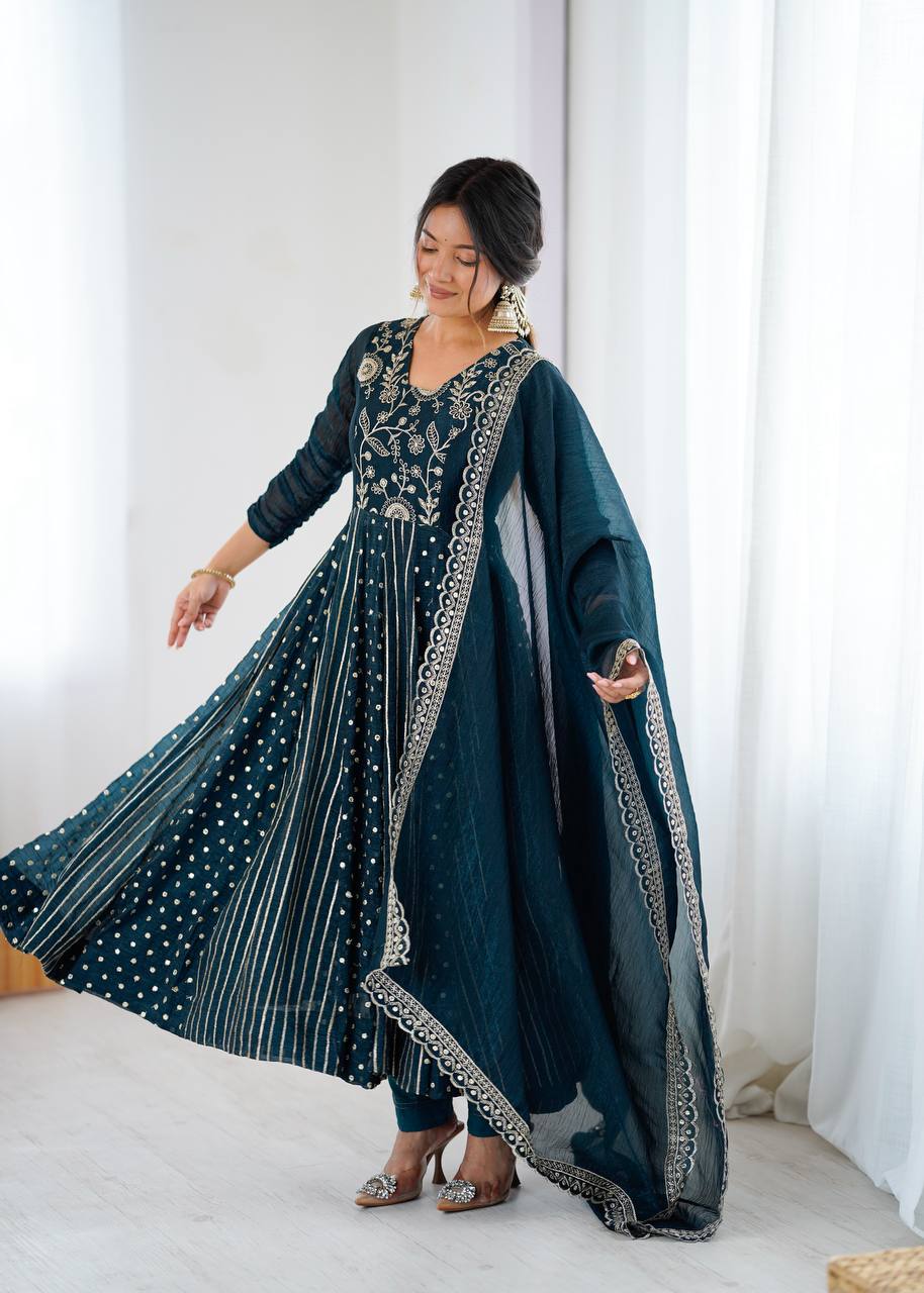 Teal green crunchy silk embroidered Anarkali suit set
