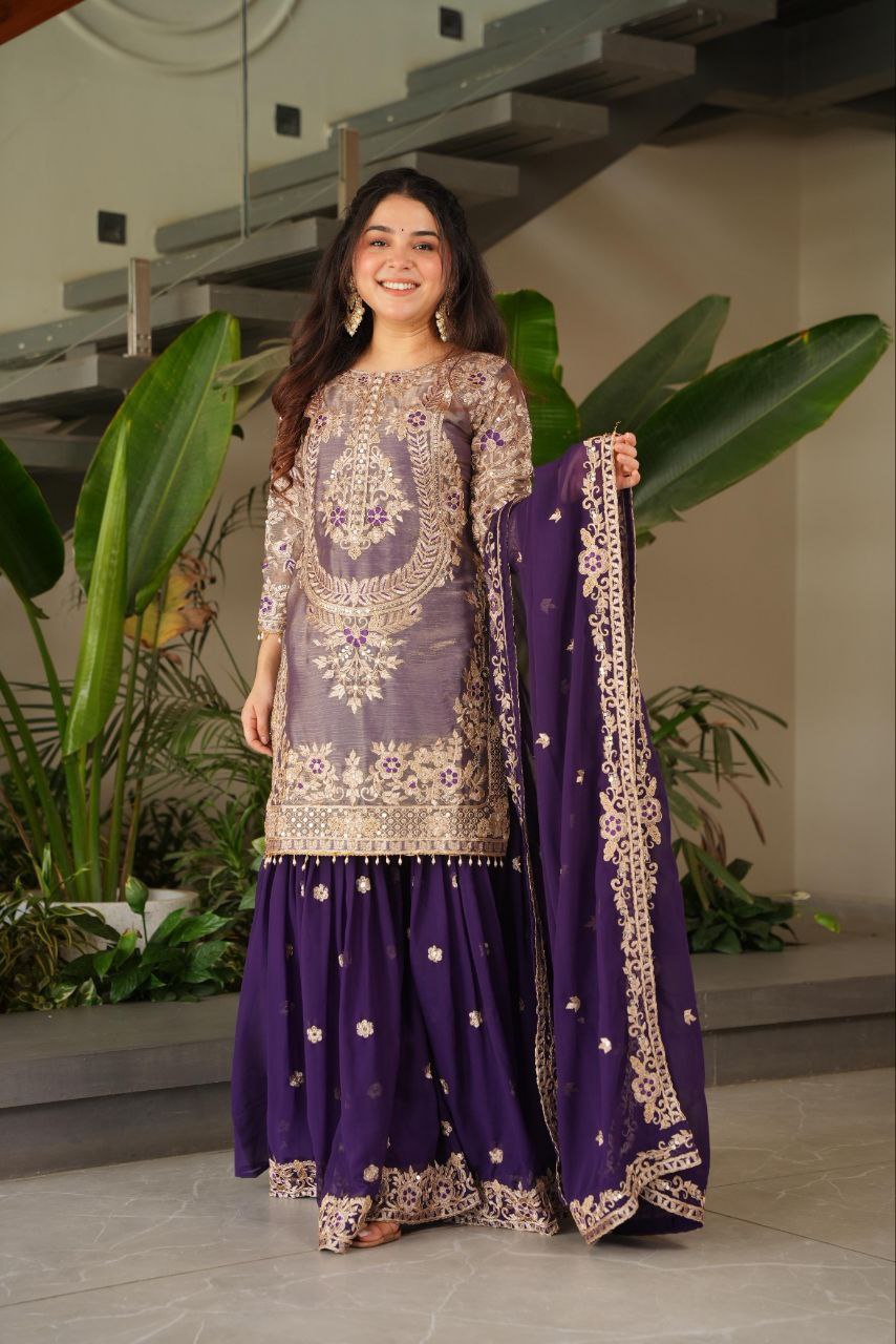 Purple crazy silk embroidered kurti palazzo set with dupatta