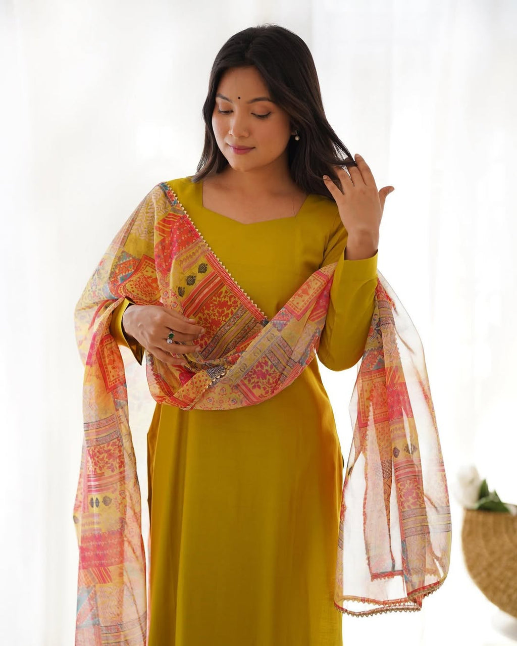 Vedanya yellow viscose straight kurti set