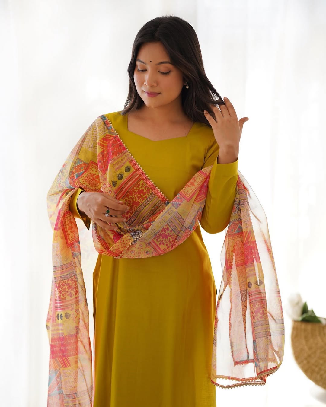 Vedanya yellow viscose straight kurti set