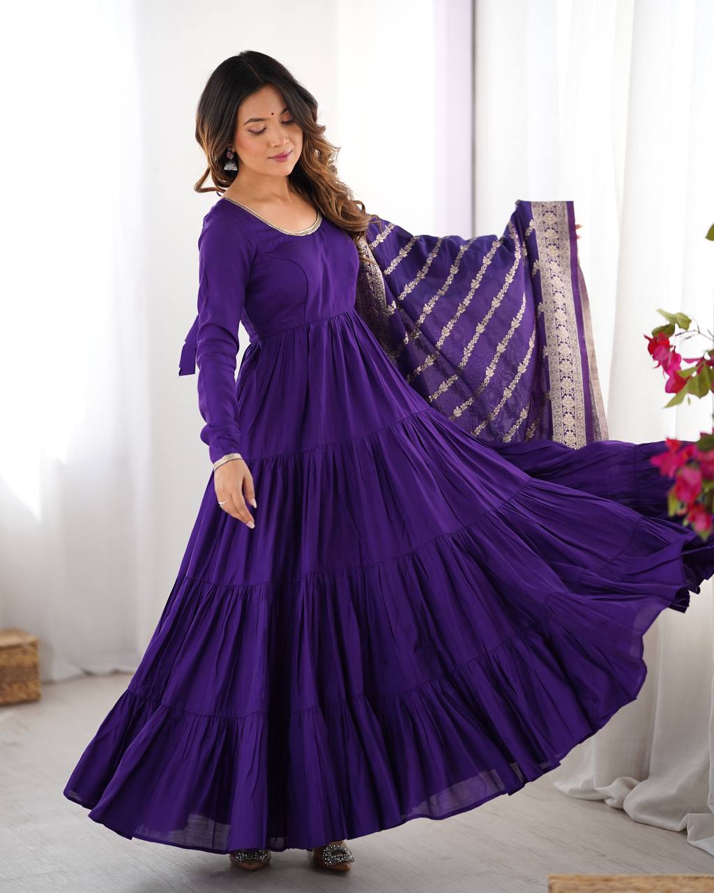 Purple Roman silk Ashika flared designer Anarkali suit