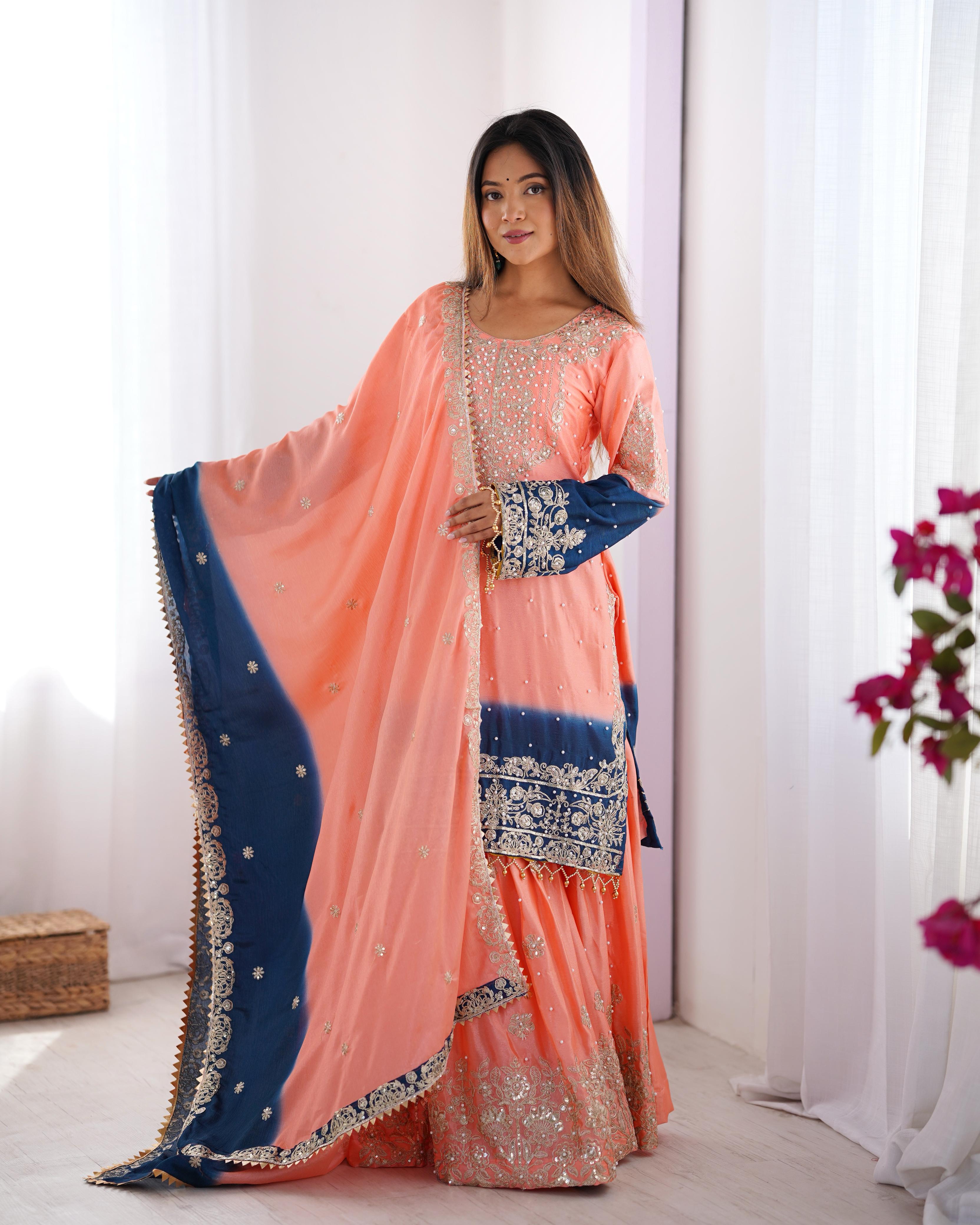 Manvisha peach embroidered sharara suit set