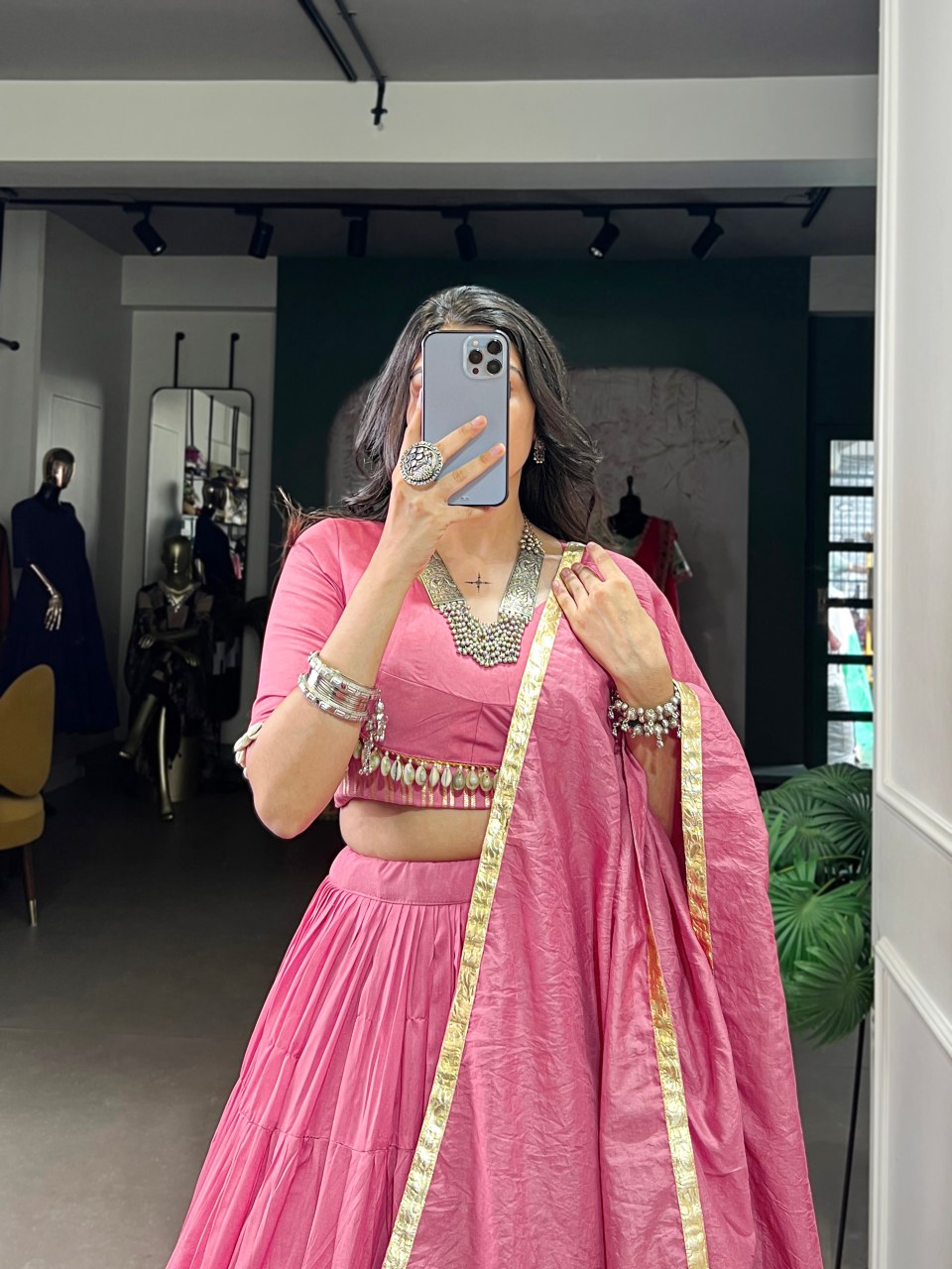 Pink Chanderi lehenga choli with cowrie detailing and dupatta