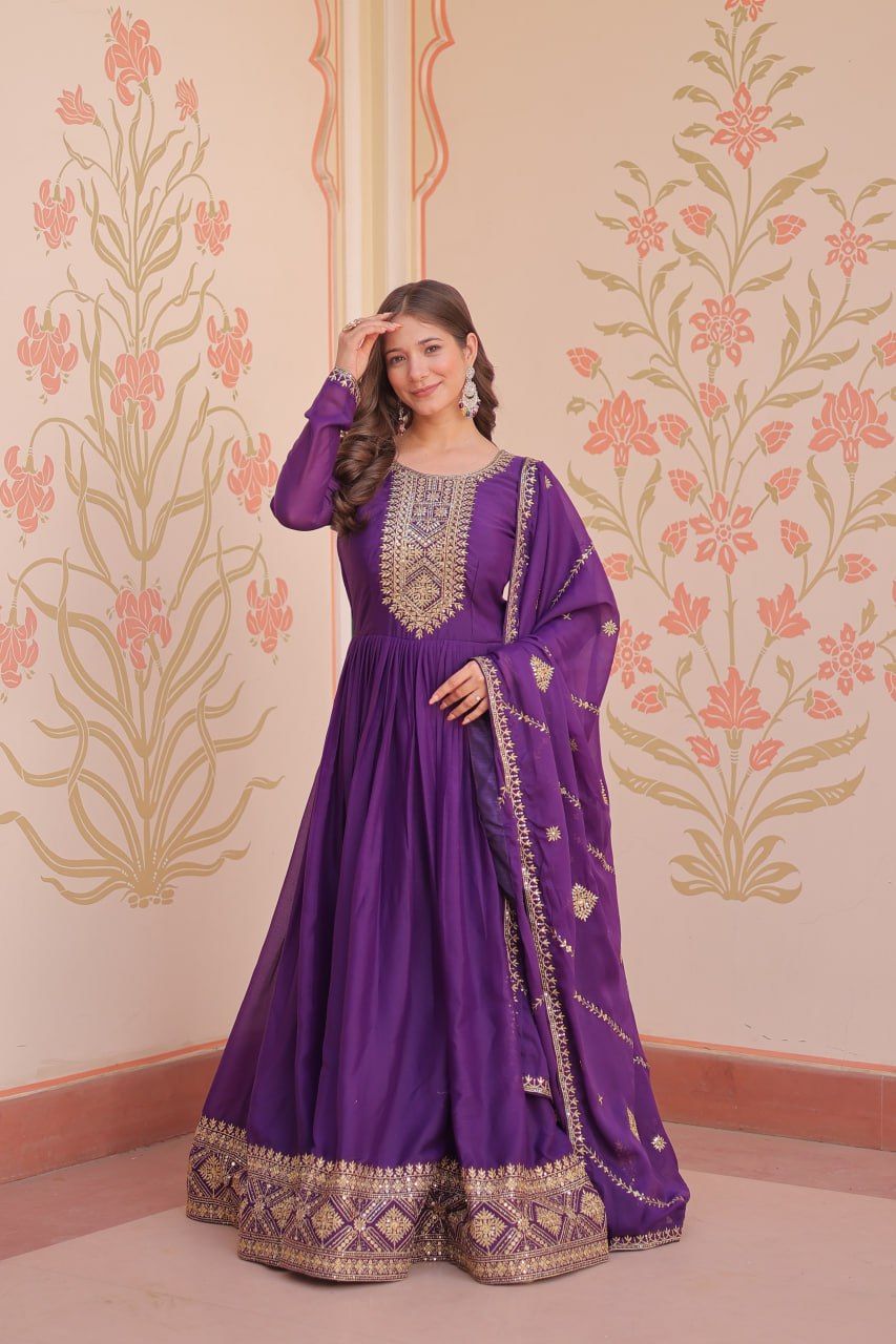 Purple star georgette zari sequins embroidered gown with dupatta