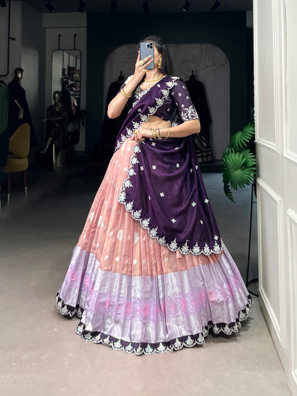 Peach zari Kota lehenga with zari weaving embroidered Vichitra silk dupatta