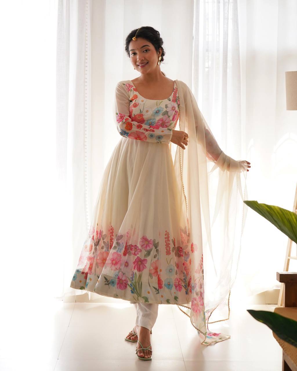 Darshika white organza floral printed Anarkali suit set