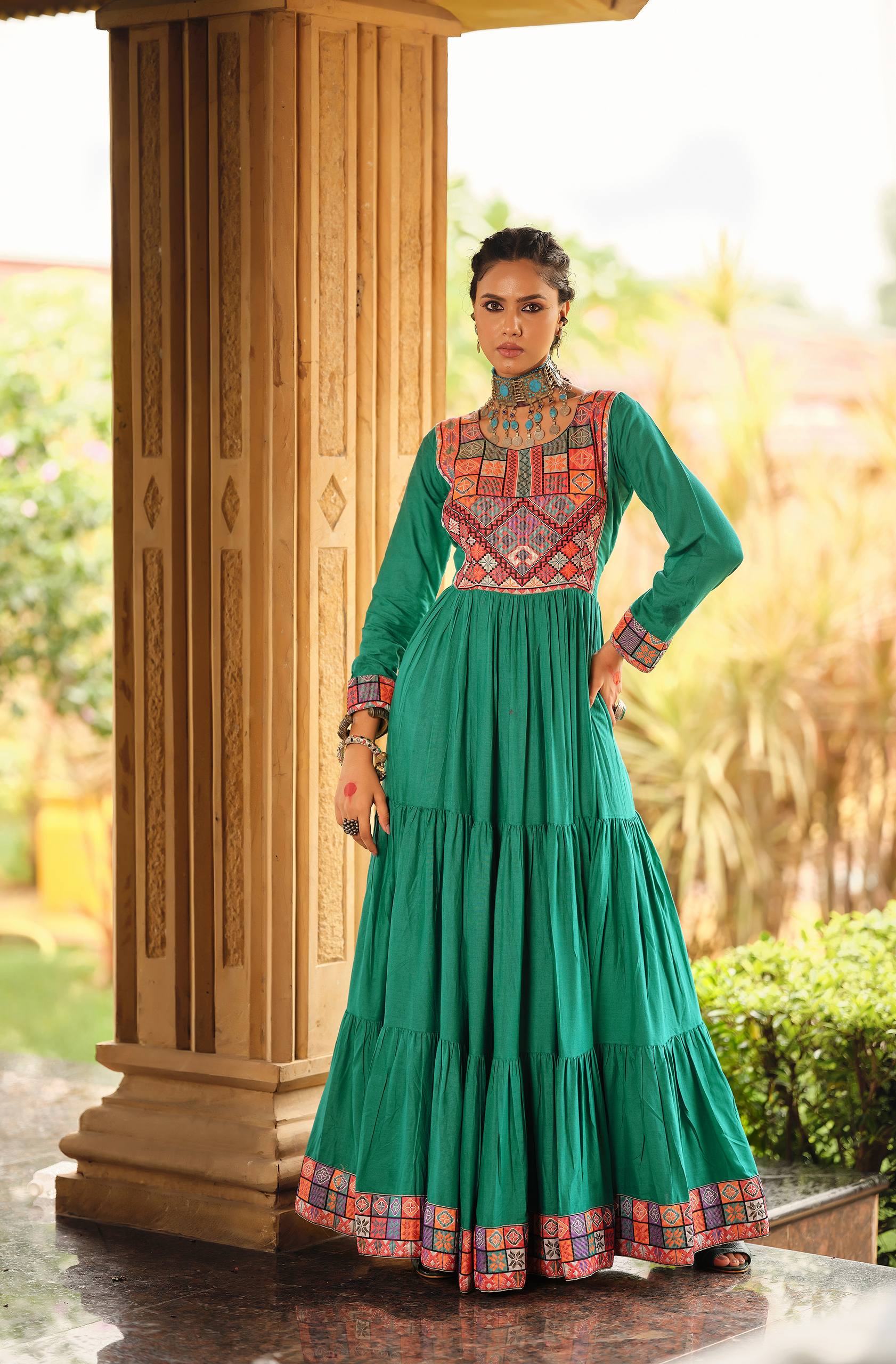 Emerald green pure rayon Gamthi jacquard weaving lace border ruffle flair gown