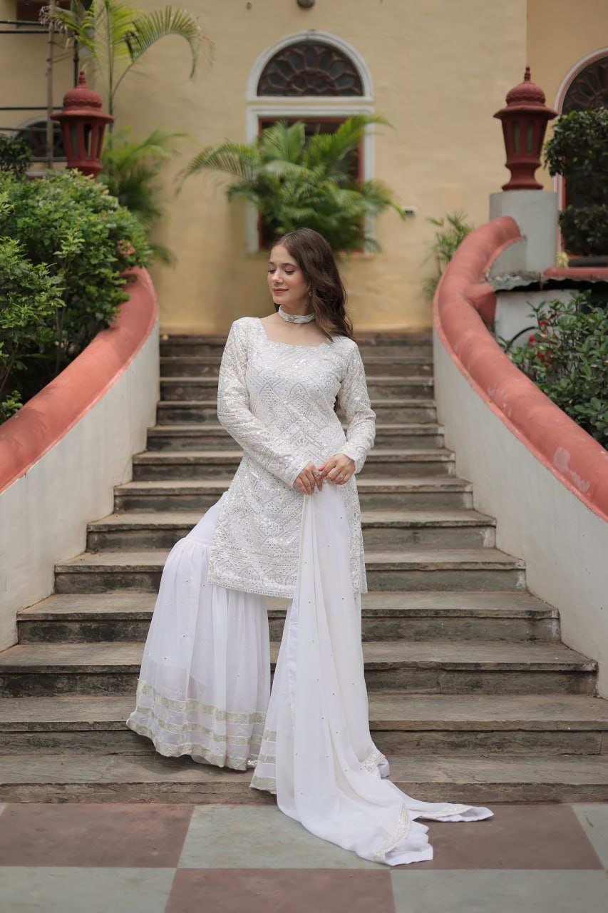 White georgette embroidered Lavya designer sharara suit