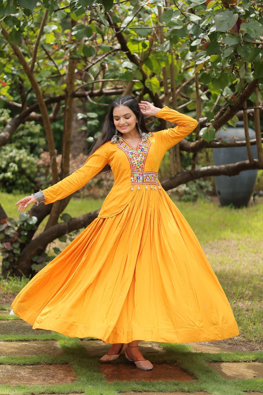 Yellow rayon Kutchi Gamthi embroidered Misty Navratri gown