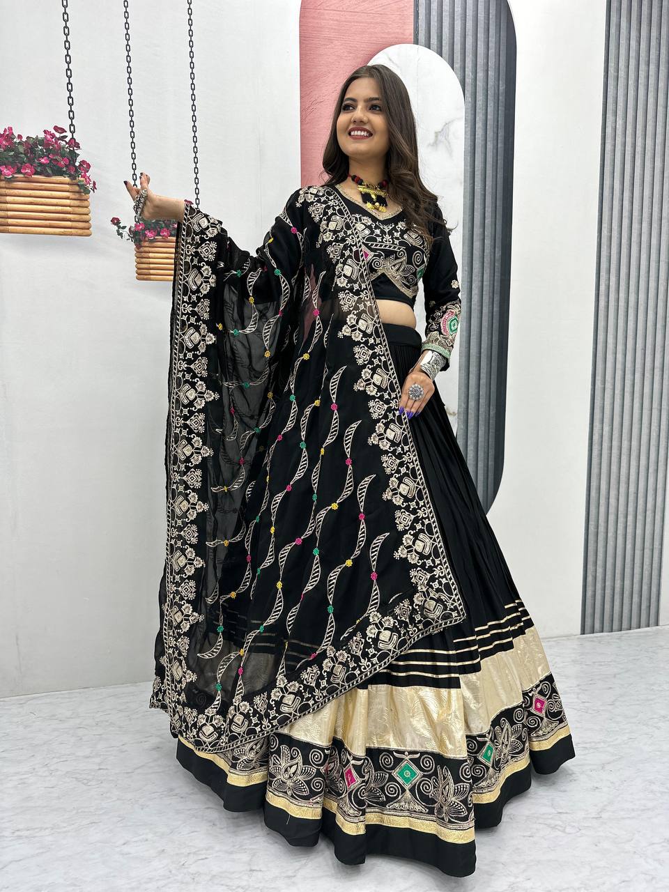 Black pure cotton embroidered sequins work lehenga choli