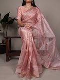 Light pink poly shimmer thread embroidered saree with unstitched blouse